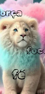 Pastel lion with inspirational text on phone wallpaper.