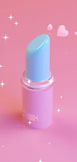 Blue and pink pastel lipstick with hearts on a mobile wallpaper background.