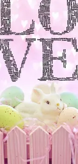 Pastel pink wallpaper with bunny and eggs