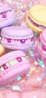 Pastel-colored macarons against a sparkling background creating a whimsical look.