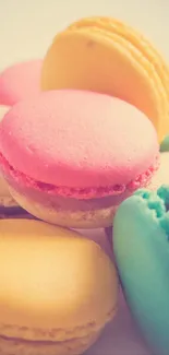 Colorful pastel macarons stacked in a vibrant display.