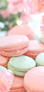 Pastel macarons on a plate with a flower background.