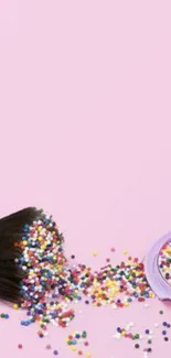 A pastel-themed wallpaper with makeup and colorful sprinkles on a pink background.