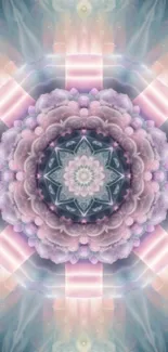 A pastel mandala wallpaper with pink and purple geometric design.