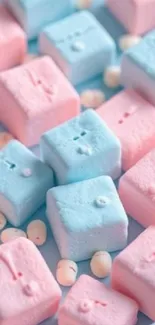 Pastel marshmallow cubes in blue and pink colors.