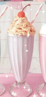 Pastel milkshakes with cherries and whipped cream in soft colors.