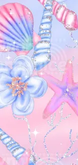 Pastel ocean-themed wallpaper with seashells, starfish, and flowers.