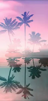 Palm trees reflecting in pink water at sunset.