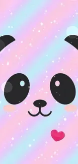 Kawaii pastel panda face with rainbow background and a small heart.