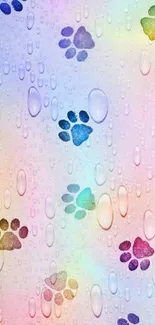 Colorful pastel wallpaper with paw prints and water droplets.