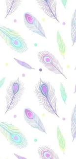 Pastel colored peacock feathers on a white background.