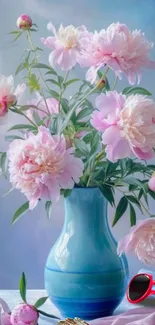 Pastel peonies in a blue vase art wallpaper.