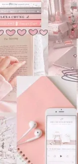 Pastel pink aesthetic collage wallpaper featuring books, camera, and cozy elements.