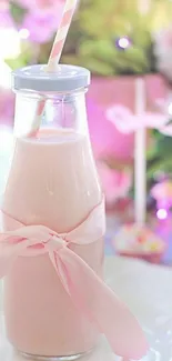 Pastel pink milk bottle with ribbon in floral background.