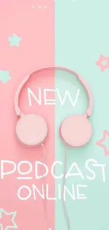 Pastel pink and blue wallpaper with headphones and stars.