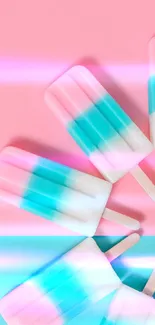 Pastel-colored popsicles on a pink and blue background.