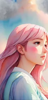 Anime girl with pastel pink hair and a dreamy sky background.