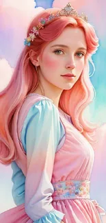 Fantasy art of a pastel princess with pink hair and floral crown.