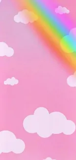 Pastel pink wallpaper with rainbow and clouds.