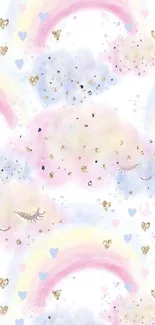 Pastel clouds and rainbows with gold accents wallpaper.