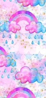 Pastel pink wallpaper with rainbows and clouds.