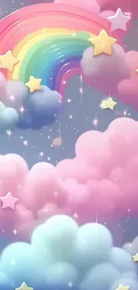 Pastel rainbow and clouds mobile wallpaper with stars.