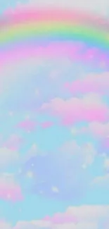 Pastel rainbow arching over fluffy clouds in a light blue sky.