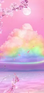 Pastel sky with cherry blossoms, rainbow cloud, and moon.