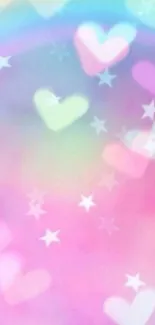 Dreamy pastel rainbow wallpaper with hearts and stars.