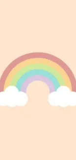 Pastel rainbow with clouds on a peach background mobile wallpaper.