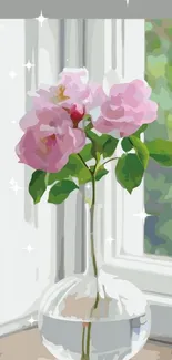 Pastel roses in a glass vase by a window