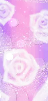 Ethereal white roses on a pastel pink and blue gradient background.