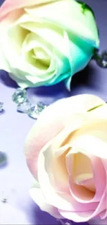 Pastel roses with sparkling diamonds on soft lavender background.