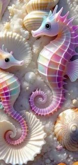 Pastel seahorses and shells on sand background.