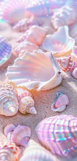 Pastel seashells on a sunny sandy beach.