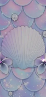 Pastel seashell wallpaper with floral accents in lavender and blue.