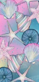 Pastel seashells and starfish on pink-blue mobile wallpaper.