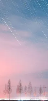 Pastel sky with star streaks and silhouetted trees in serene landscape.