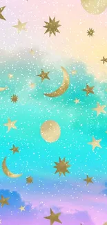 Pastel sky with golden stars and moons, perfect for mobile wallpaper.