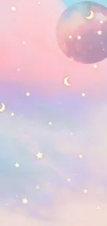 Dreamy pastel galaxy wallpaper with stars, moons, and a serene pink sky.