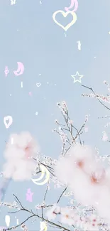 Mobile wallpaper with pastel sky and blossoms, adorned with stars and hearts.