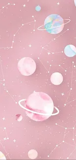 Pastel pink space wallpaper with planets and stars.