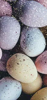 Pastel speckled eggs create a vibrant and colorful phone wallpaper design.