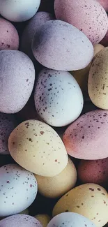 Pastel speckled eggs in a calming arrangement.