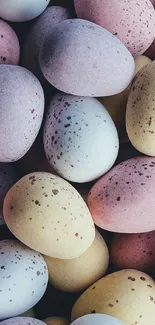 Pastel speckled eggs in calming colors.