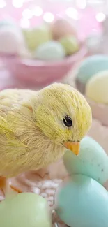 Pastel yellow chick with colorful Easter eggs.