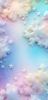 Dreamy pastel wallpaper with stars and clouds in soft hues.