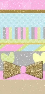 Pastel stripes with gold glitter bow and heart patterns mobile wallpaper.