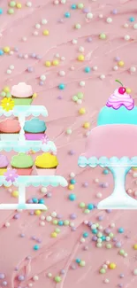 Pastel wallpaper with cupcakes and cake on pink frosting.