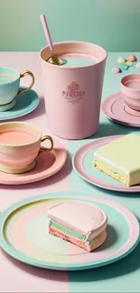 Pastel-themed tea set and dessert phone wallpaper.